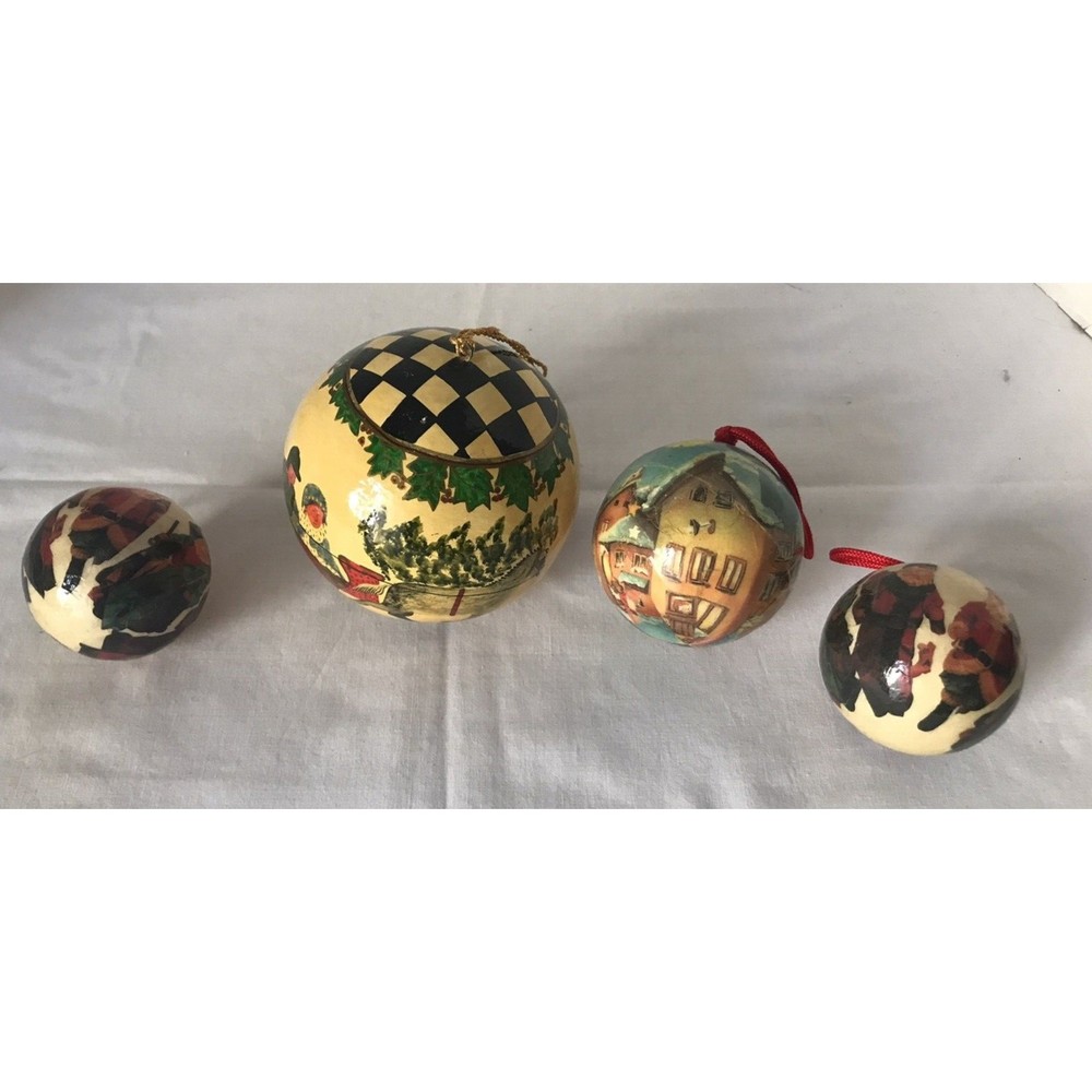 Decoupage Paper Christmas Ornaments Santa Sleigh Village Set of 4